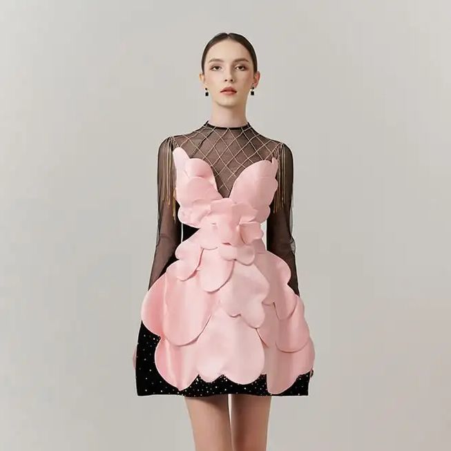 Woman Formal Wear - Gothic Black Pink Floral Mini Dress