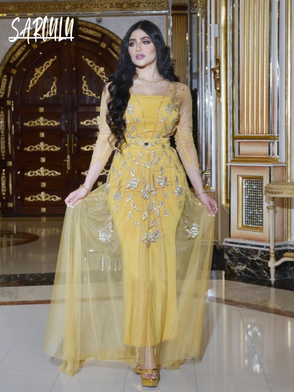 Women Formal Wear Sale - Elegant Yellow Caftan Evening Dress Delicate