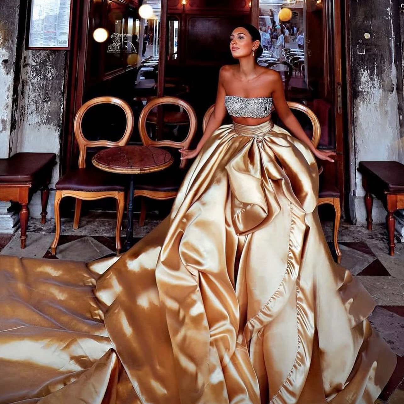 Women Formal Wear Sale - New Metallic Gold Satin High‑Waist Ball‑Gown