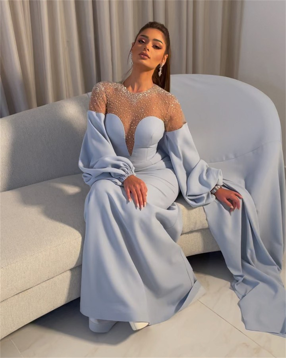 Santorini Sheer Neck Beaded Pr - Women Formal Wear Dubai avis et prix